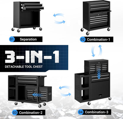 Metal Tool Chest, 8 Drawer Rolling Tool Chest with Wheels, Assembled Tool Storage Cabinet with Locking, Sliding Drawers & Detachable Top Tool Box, for Repair Room Warehouse Garage Workshop