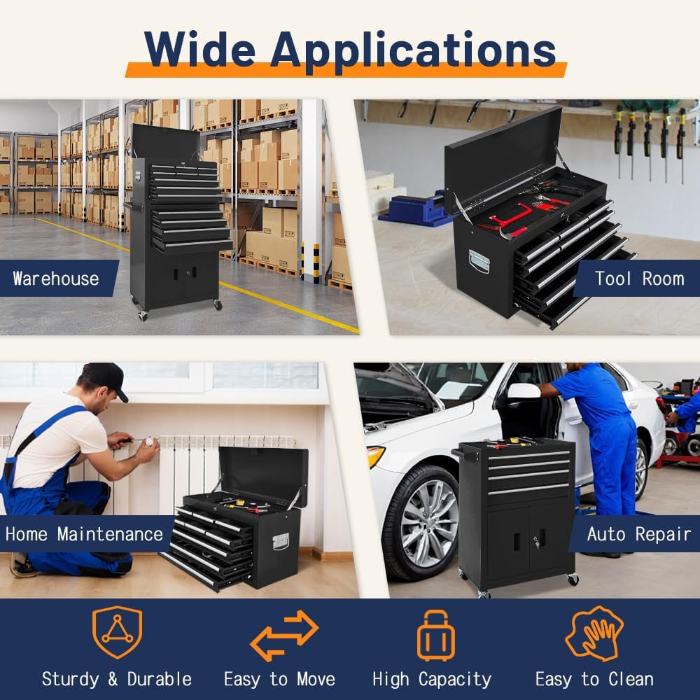 13-Drawer Double Door Rolling Tool Chest, 2 in 1 Detachable Tool Chest,Tool Box with Drawers and Wheels, Large Tool Cabinet with Lock, Metal Standing Toolbox for Garage Workshop-Black