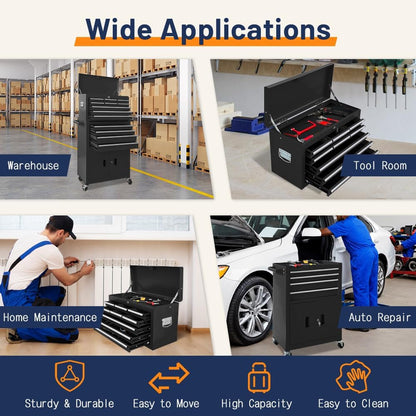 13-Drawer Double Door Rolling Tool Chest, 2 in 1 Detachable Tool Chest,Tool Box with Drawers and Wheels, Large Tool Cabinet with Lock, Metal Standing Toolbox for Garage Workshop-Black