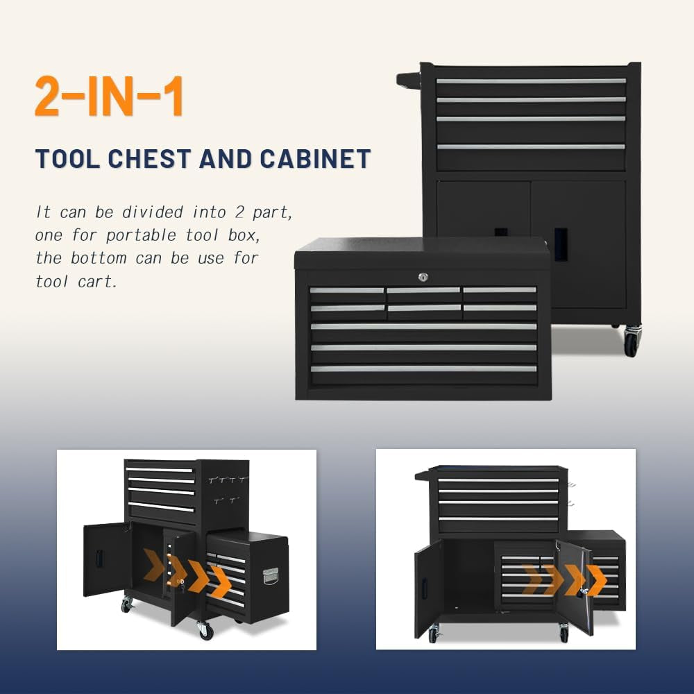 13-Drawer Double Door Rolling Tool Chest, 2 in 1 Detachable Tool Chest,Tool Box with Drawers and Wheels, Large Tool Cabinet with Lock, Metal Standing Toolbox for Garage Workshop-Black