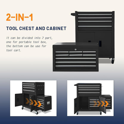 13-Drawer Double Door Rolling Tool Chest, 2 in 1 Detachable Tool Chest,Tool Box with Drawers and Wheels, Large Tool Cabinet with Lock, Metal Standing Toolbox for Garage Workshop-Black