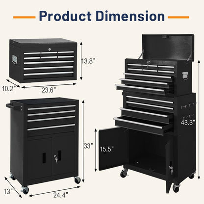 13-Drawer Double Door Rolling Tool Chest, 2 in 1 Detachable Tool Chest,Tool Box with Drawers and Wheels, Large Tool Cabinet with Lock, Metal Standing Toolbox for Garage Workshop-Black